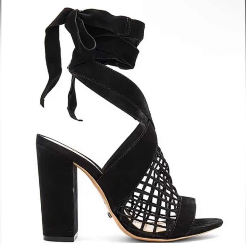 SCHUTZ Black Suede BAMPY Mesh Fishnet Block High Heel Lace Up Sandals size 8